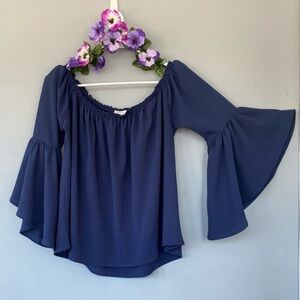 Elegant Navy blue Off-Shoulder bell sleeve top. M